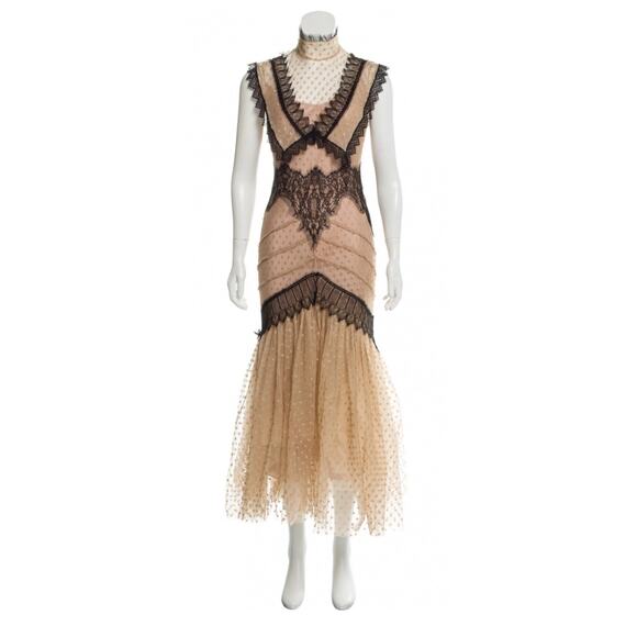 $1675 NEW NATASHA ZINKO NUDE LACE TULLE MAXI EVENING POLKA DOT PARTY DRESS - Picture 1 of 9